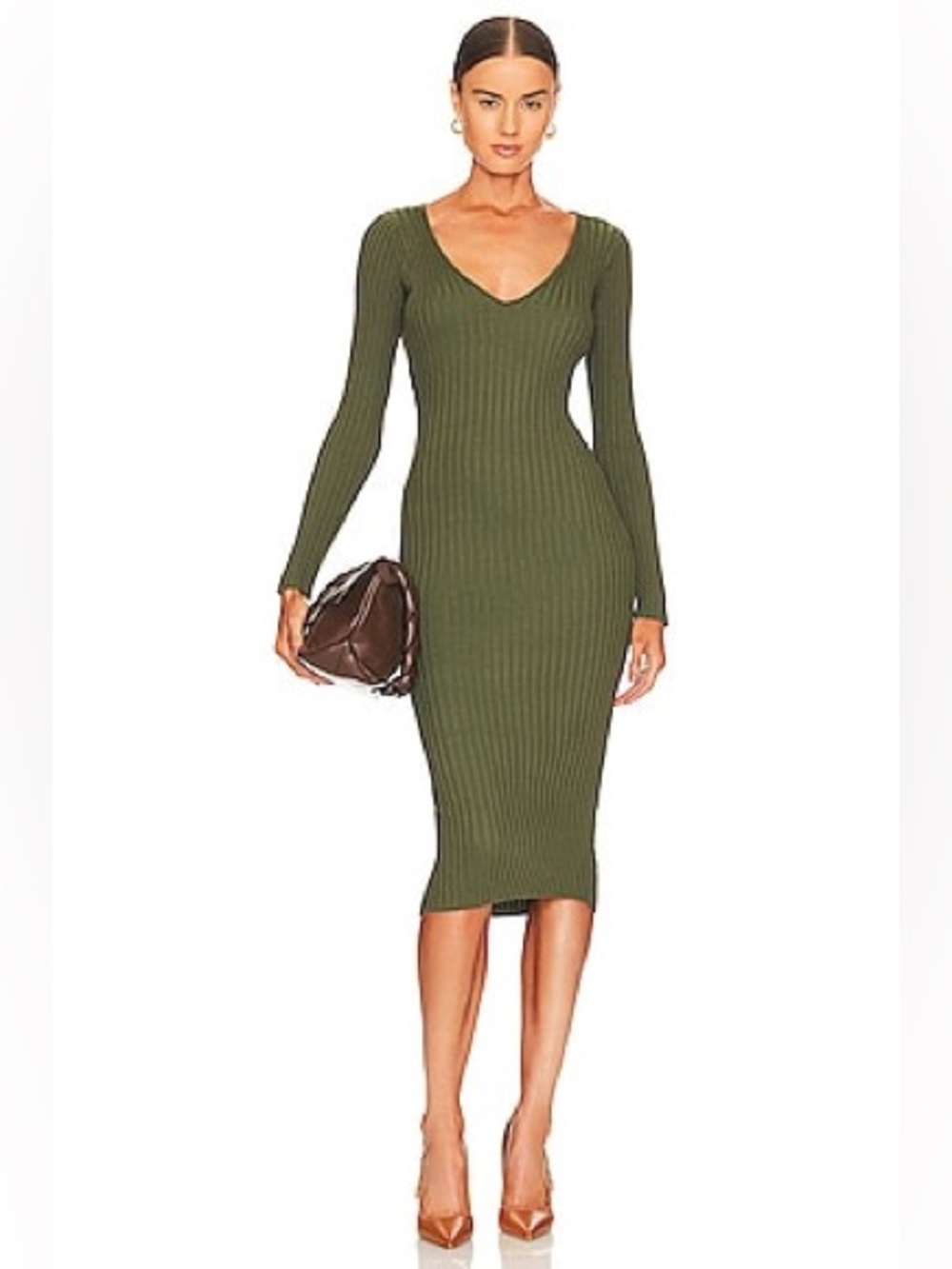 NEW NBD Bekah Deep V Midi Dress in Olive Green size XS